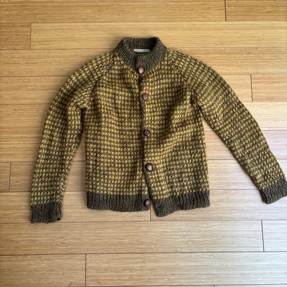 Vintage hand knit brown and mustard cardigan sweater - Picture 3 of 6
